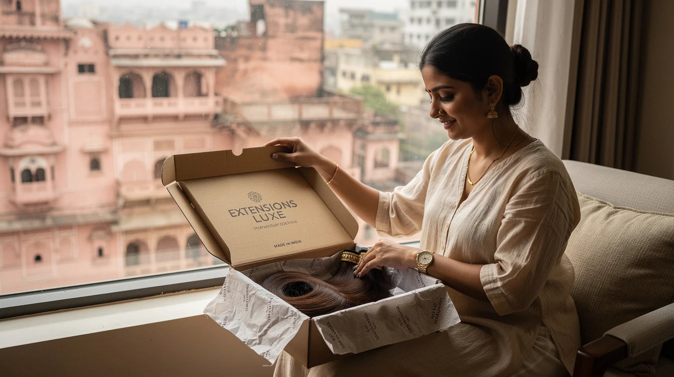 Jaipur customer unboxing Hair Extensions Luxe delivery with Made in India branding