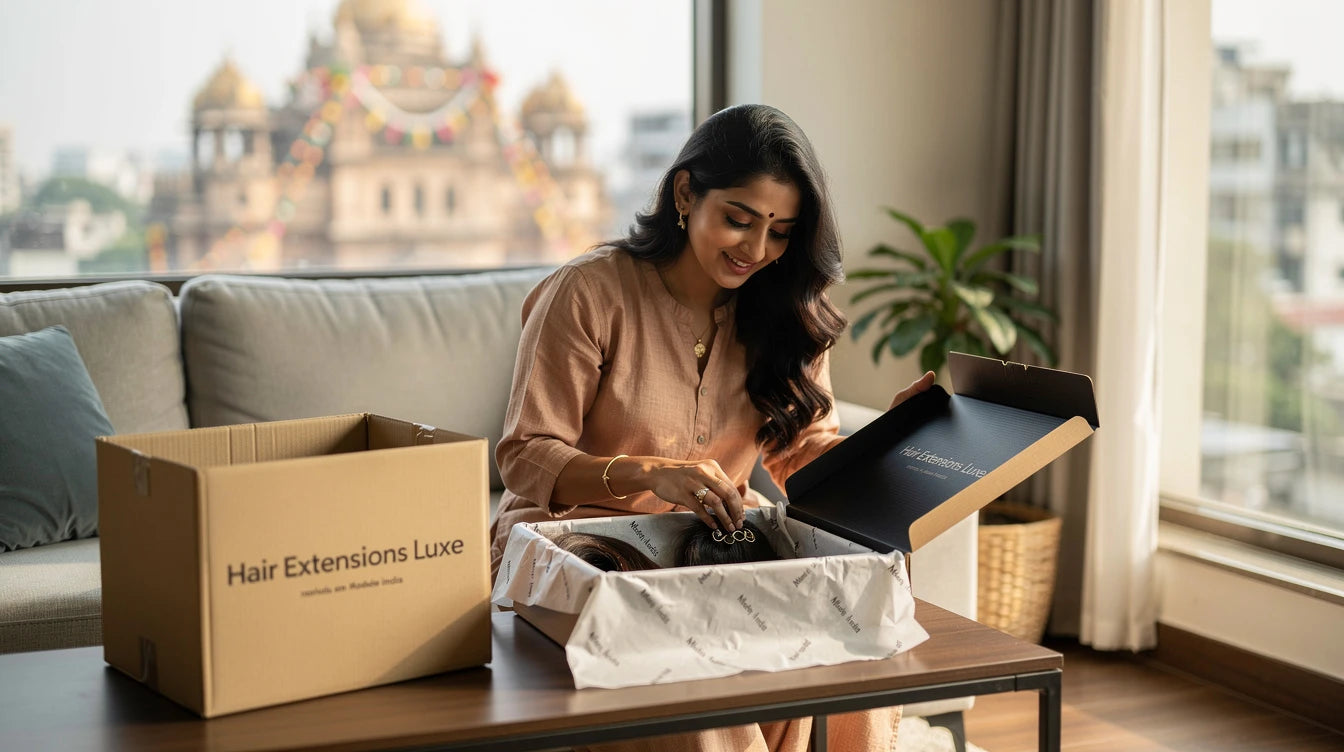 Vadodara customer unboxing Hair Extensions Luxe delivery with Made in India branding