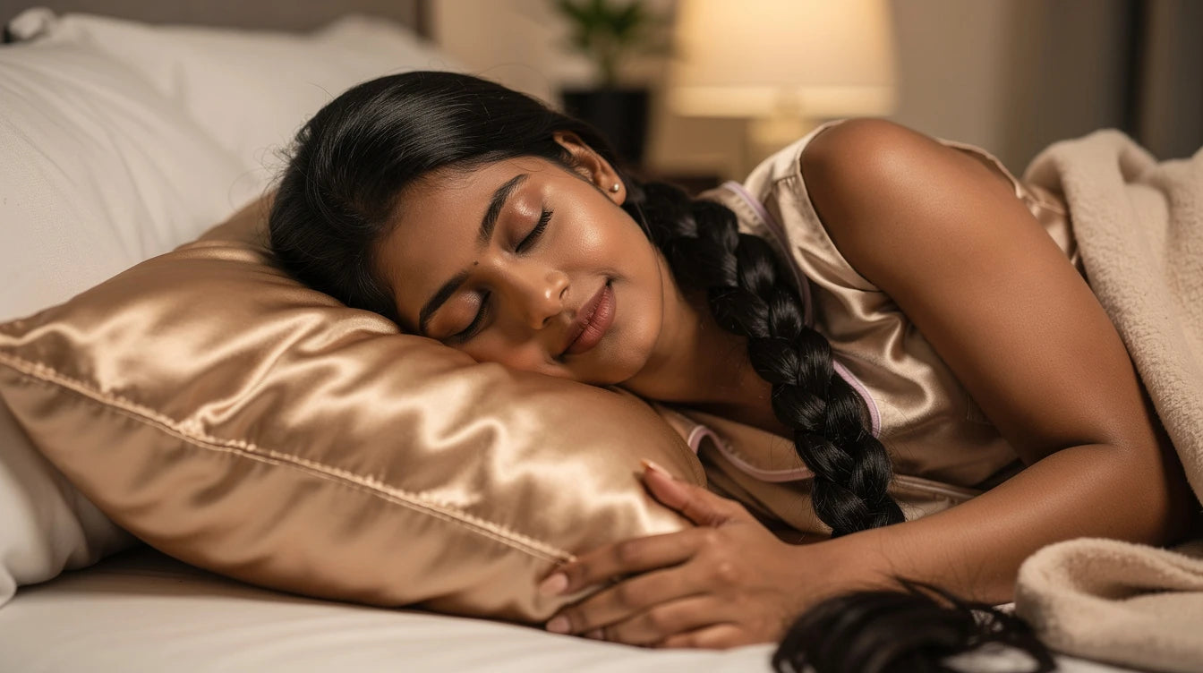 Woman with braided hair extensions resting on silk pillowcase for overnight care | Hair Extensions Luxe