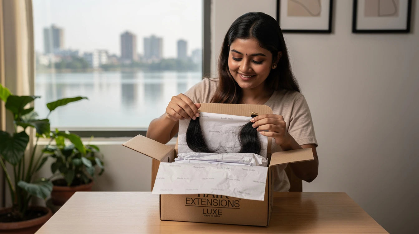 Bhopal customer unboxing Hair Extensions Luxe delivery with Made in India branding