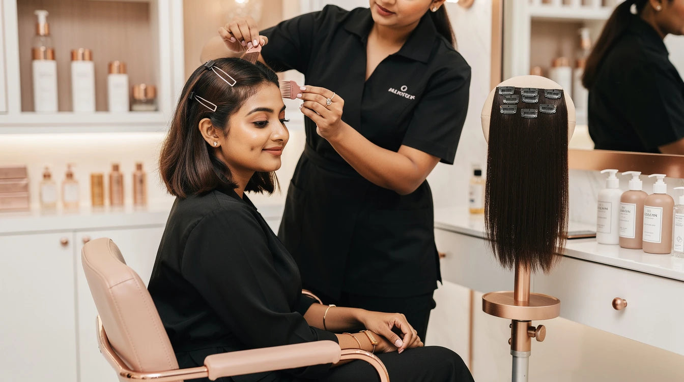 Hair extensions and hair colouring together — Indian woman in salon with extensions and colour application | Hair Extensions Luxe