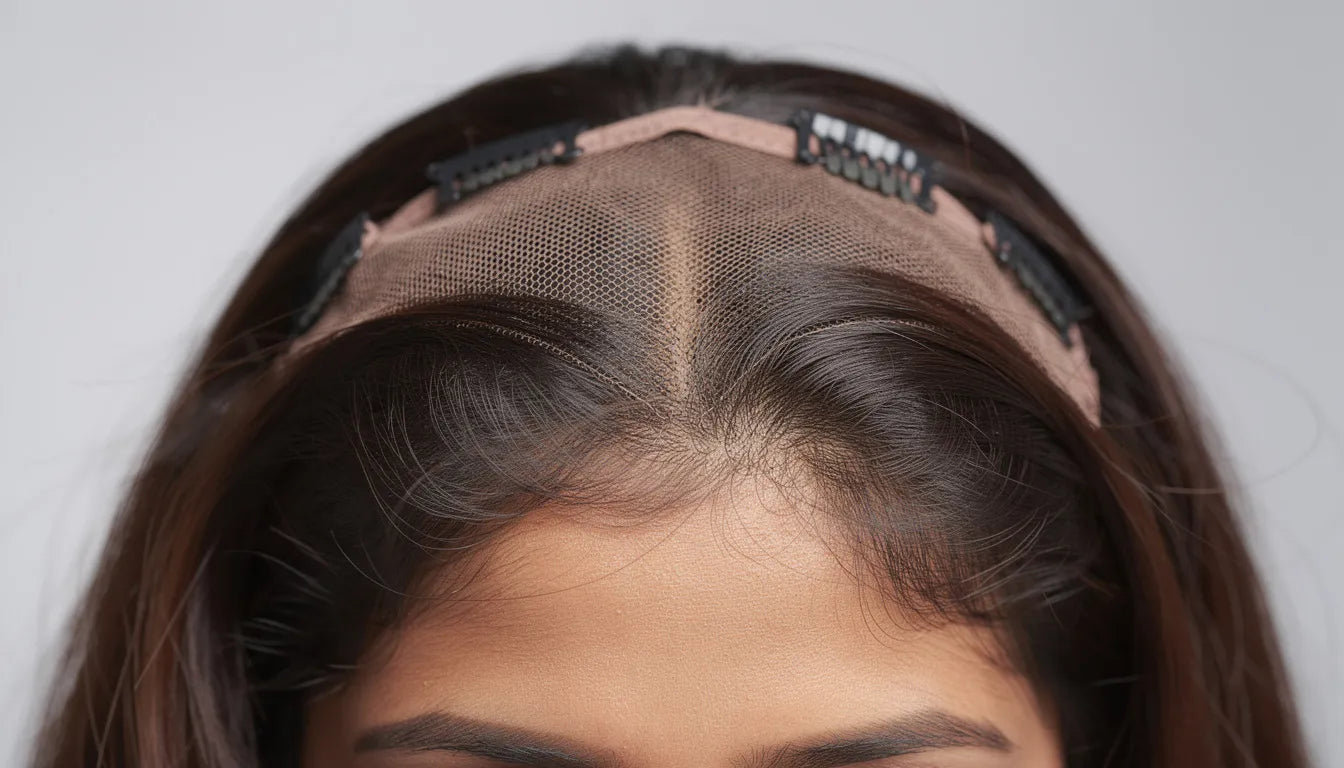 Hair topper for crown thinning — close-up of a topper base being positioned over the crown area for natural coverage | Hair Extensions Luxe