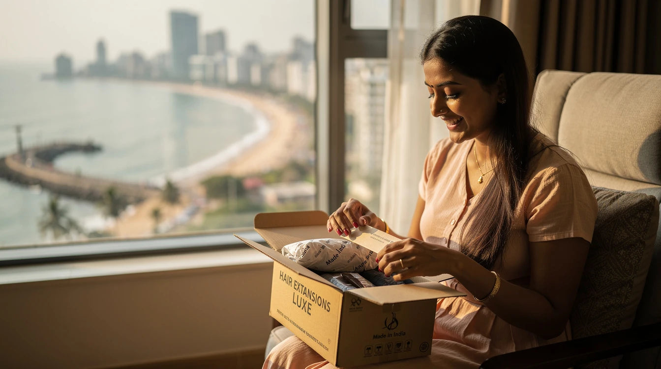 Mumbai customer unboxing Hair Extensions Luxe delivery with Made in India branding