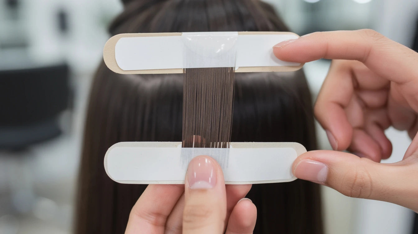 Hands applying tape-in hair extension in sandwich method — step-by-step DIY application tutorial | Hair Extensions Luxe