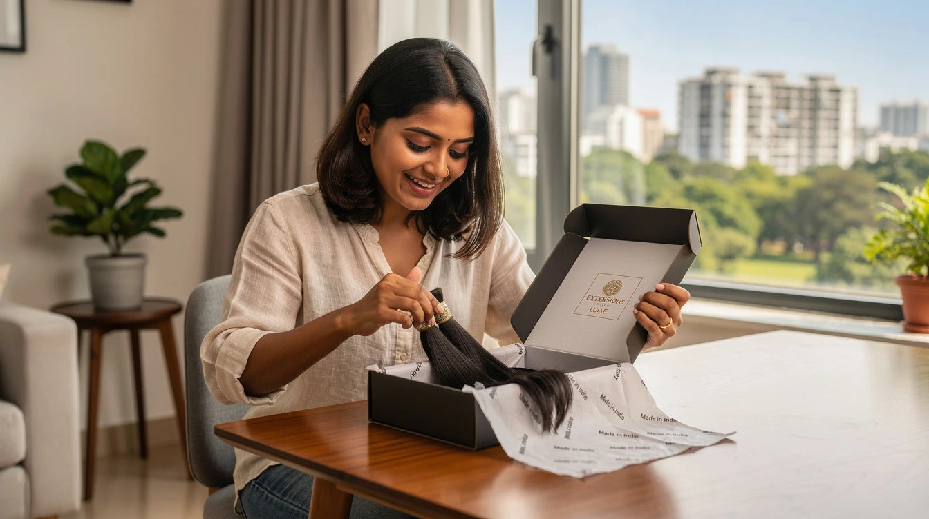 Bangalore customer unboxing Hair Extensions Luxe delivery with Made in India branding