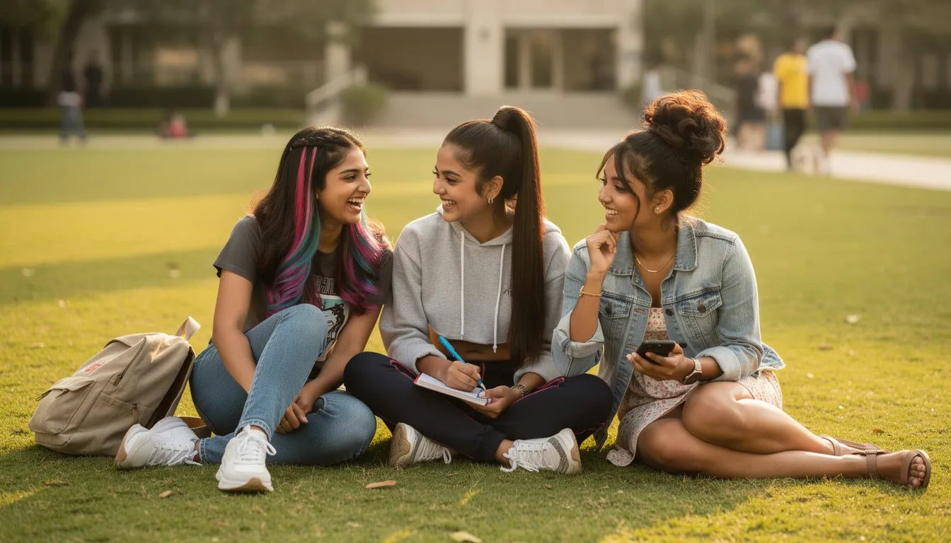 Hair extensions for college girls — three students on campus wearing affordable clip-in streaks, ponytail extension, and scrunchie bun | Hair Extensions Luxe