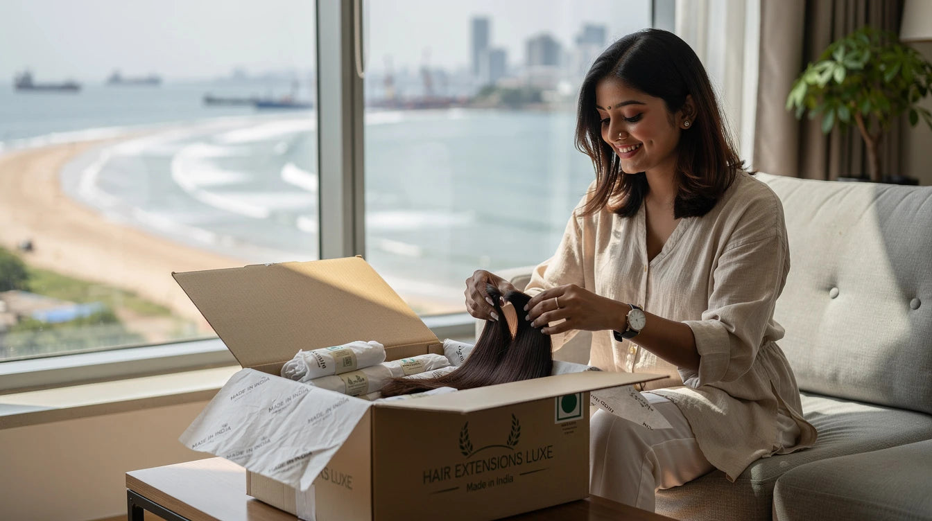 Visakhapatnam customer unboxing Hair Extensions Luxe delivery with Made in India branding