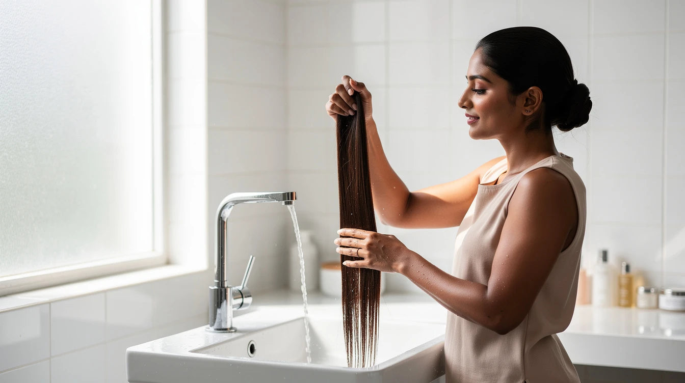 How often wash hair extensions schedule — Indian woman washing hair extensions under gentle water flow | Hair Extensions Luxe
