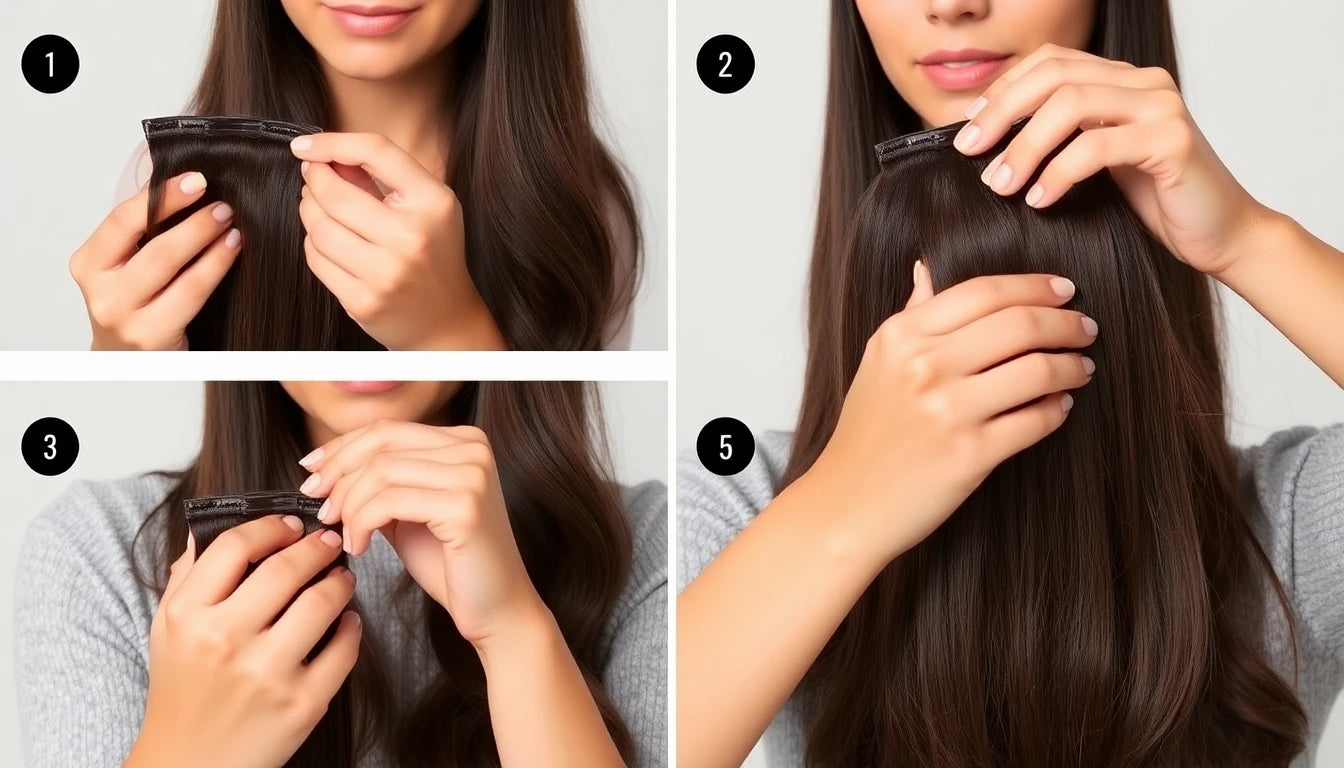 Woman clipping in a hair topper at the part in seconds
