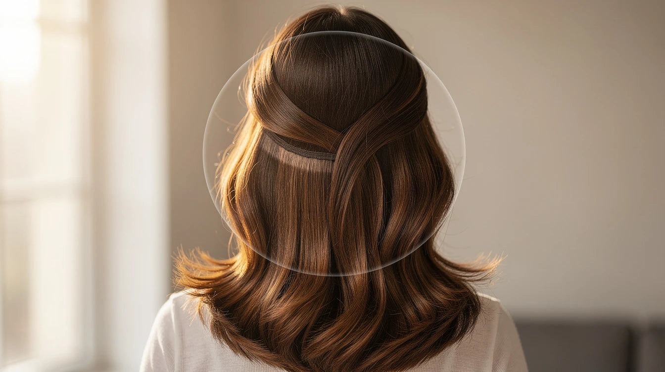 Seamlessly blended hair extensions with natural Indian hair — invisible transition point showing perfect colour and texture match | Hair Extensions Luxe