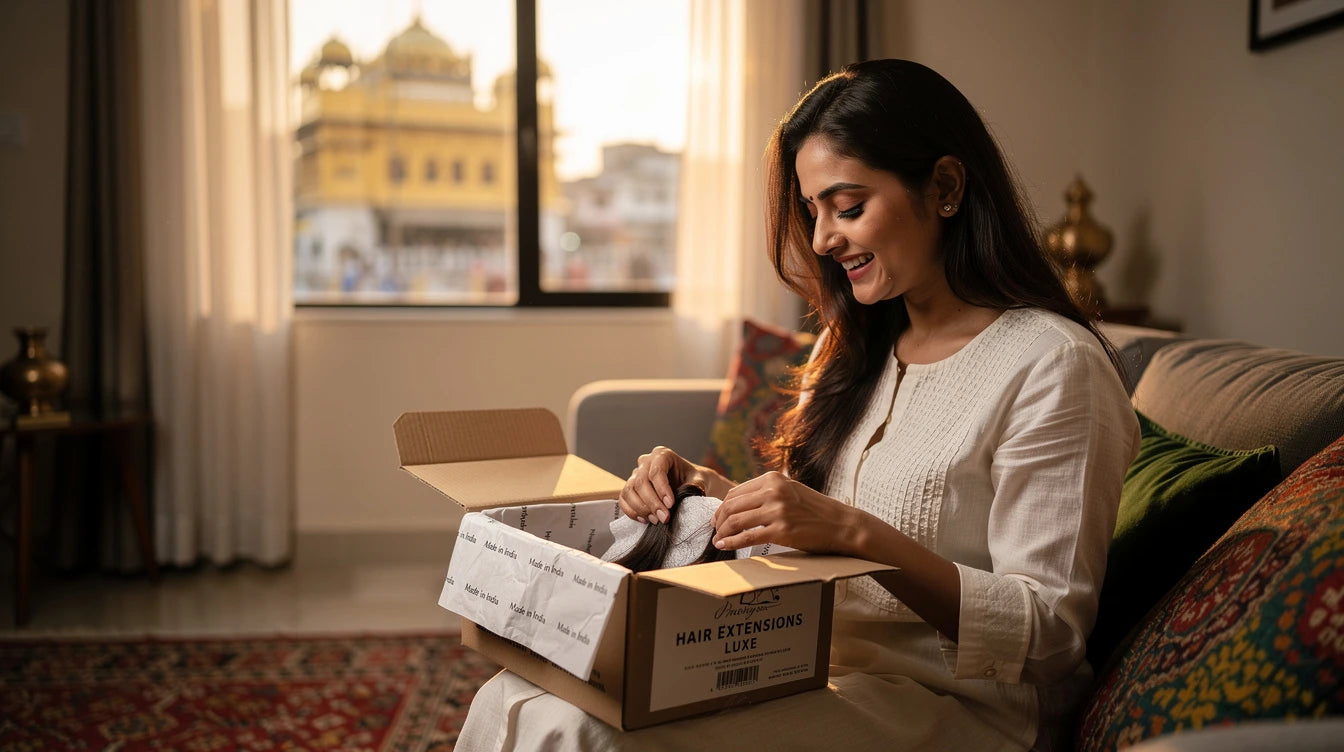 Amritsar customer unboxing Hair Extensions Luxe delivery with Made in India branding