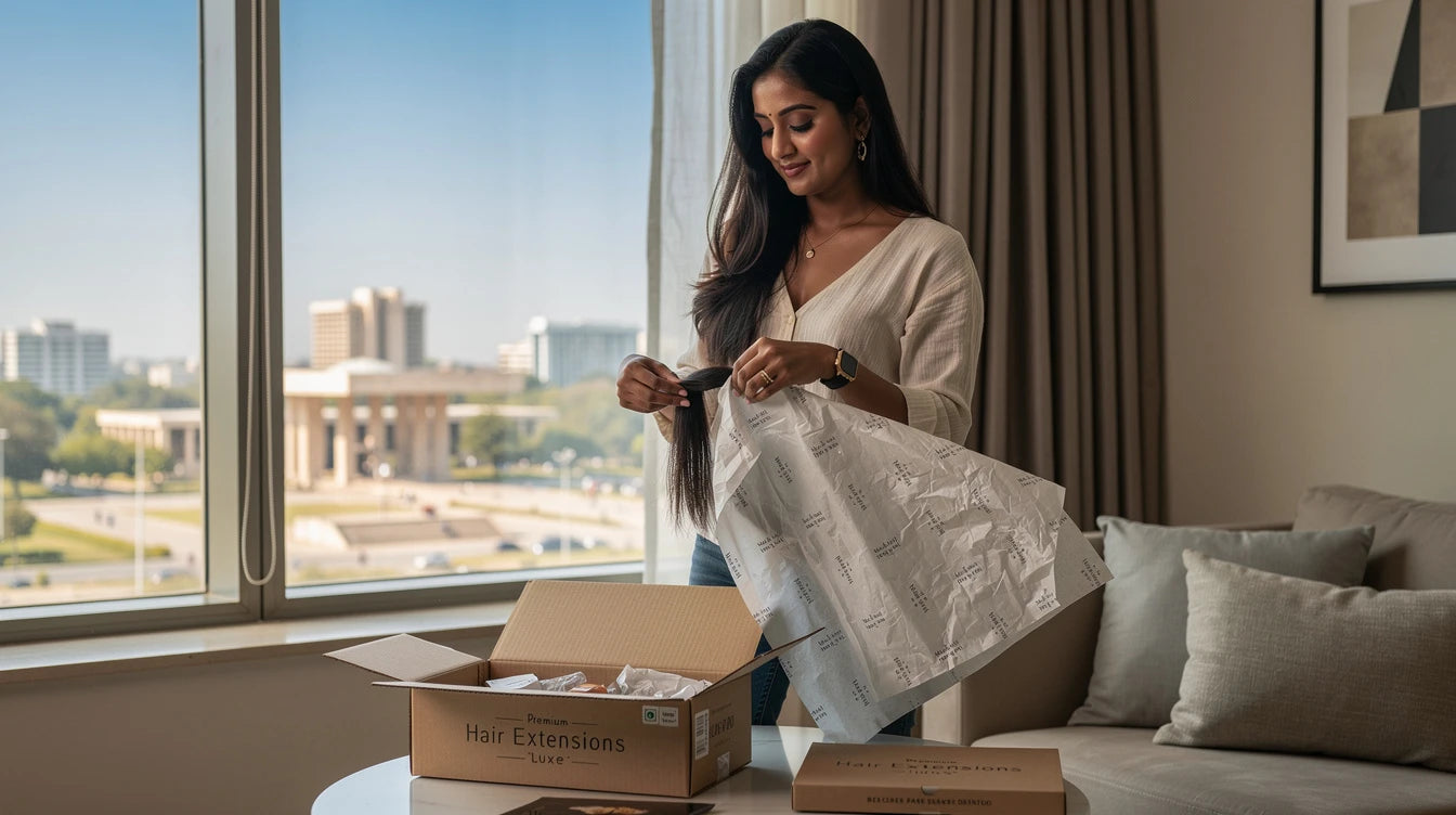 Chandigarh-Panchkula customer unboxing Hair Extensions Luxe delivery with Made in India branding