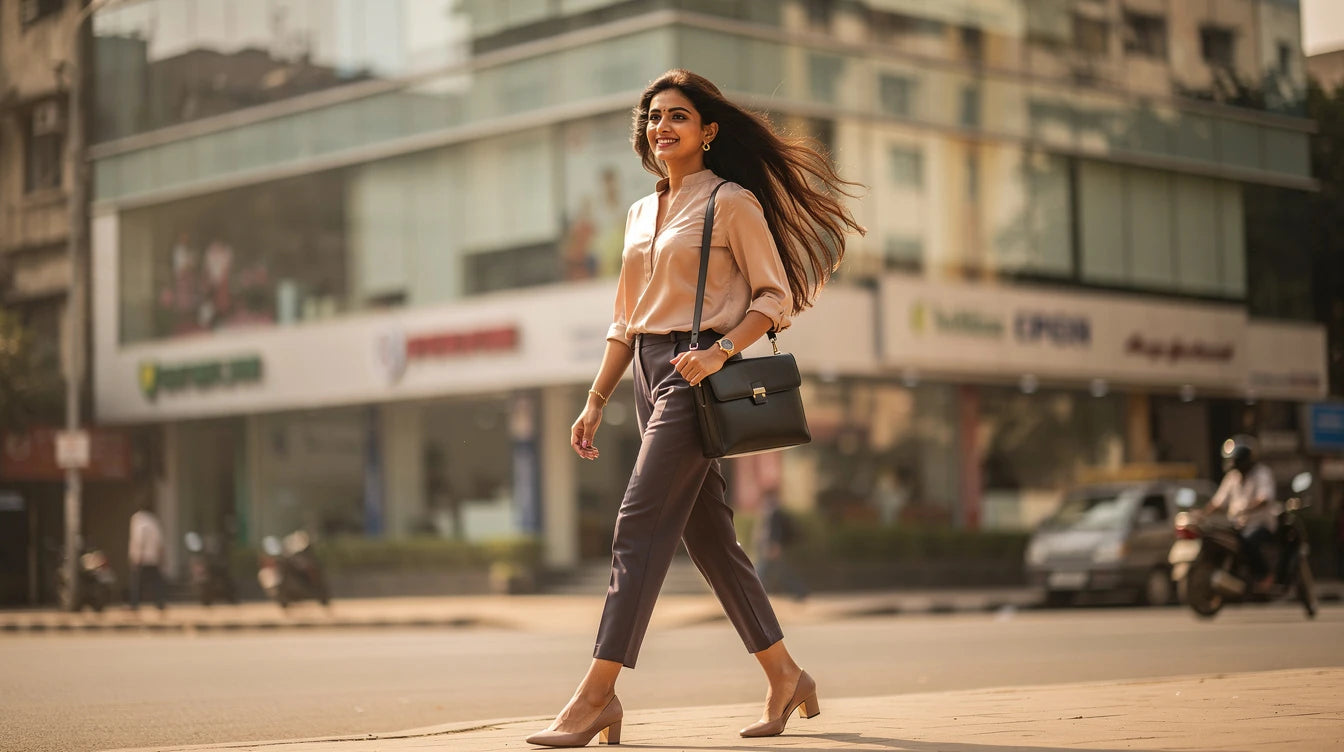 Indian working woman wearing low maintenance hair extensions in urban setting | Hair Extensions Luxe
