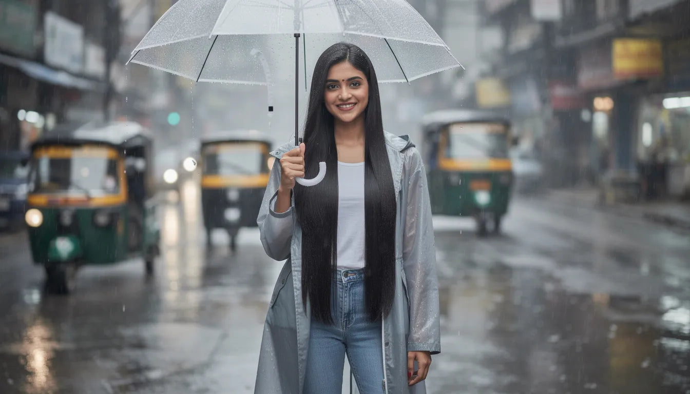 Monsoon hair extension care — a confident woman with well-maintained extensions during Indian monsoon rain | Hair Extensions Luxe