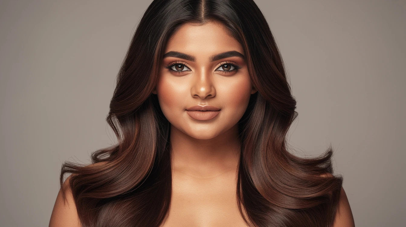 Best hair extensions for round face shape India — long layered extensions elongating and flattering a round face | Hair Extensions Luxe