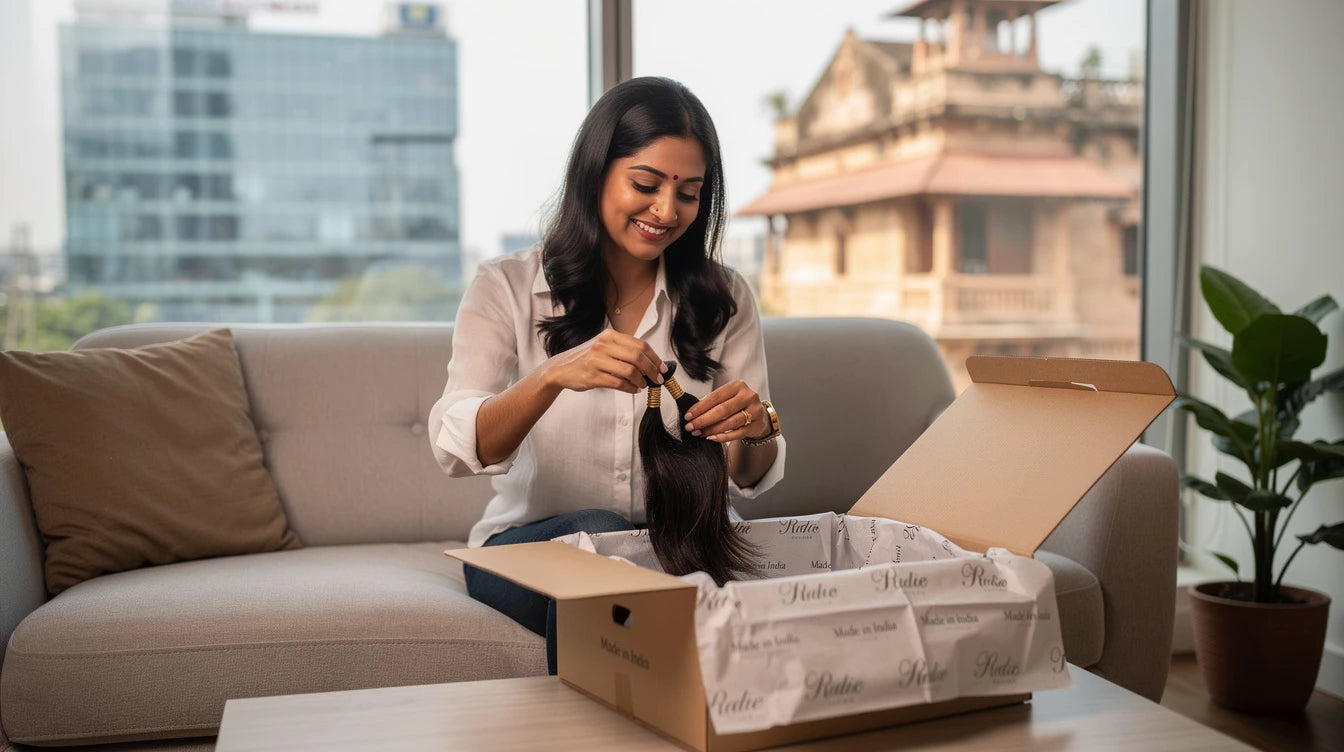 Pune customer unboxing Hair Extensions Luxe delivery with Made in India branding