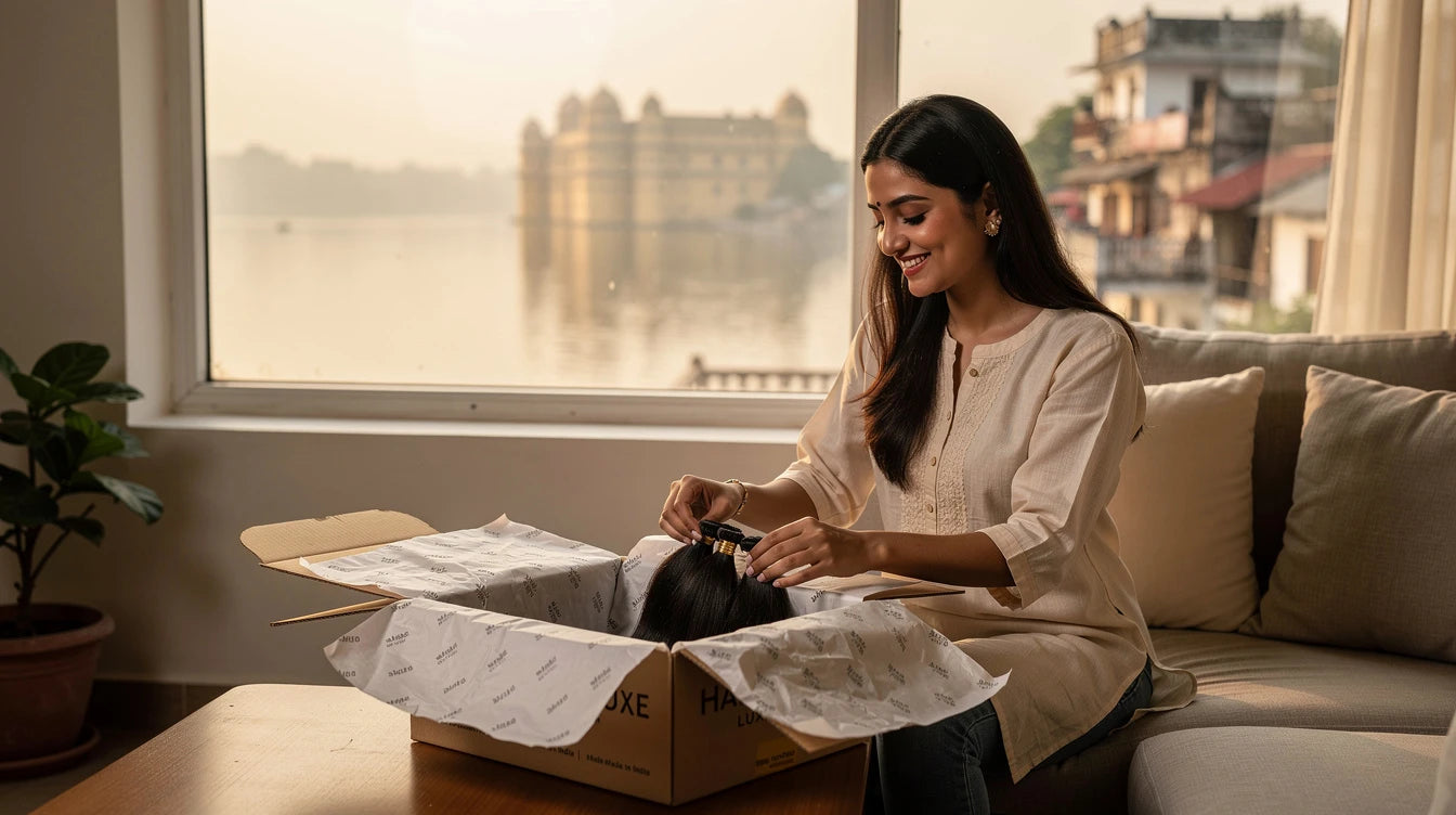 Udaipur customer unboxing Hair Extensions Luxe delivery with Made in India branding