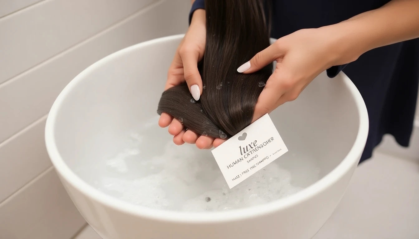 Gently washing a human hair topper with sulfate-free shampoo