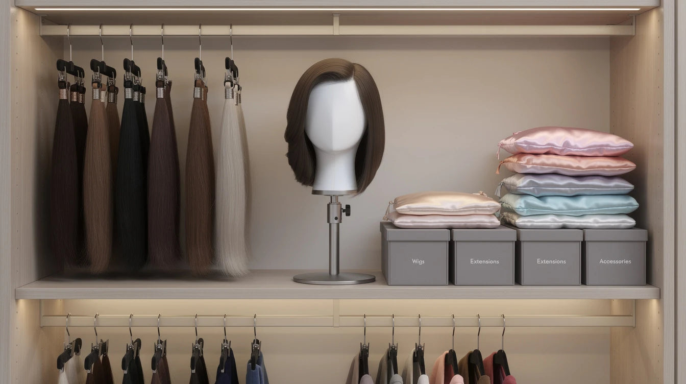 Properly stored hair extensions and wig — mannequin stand, storage hanger and silk bag for extension care | Hair Extensions Luxe