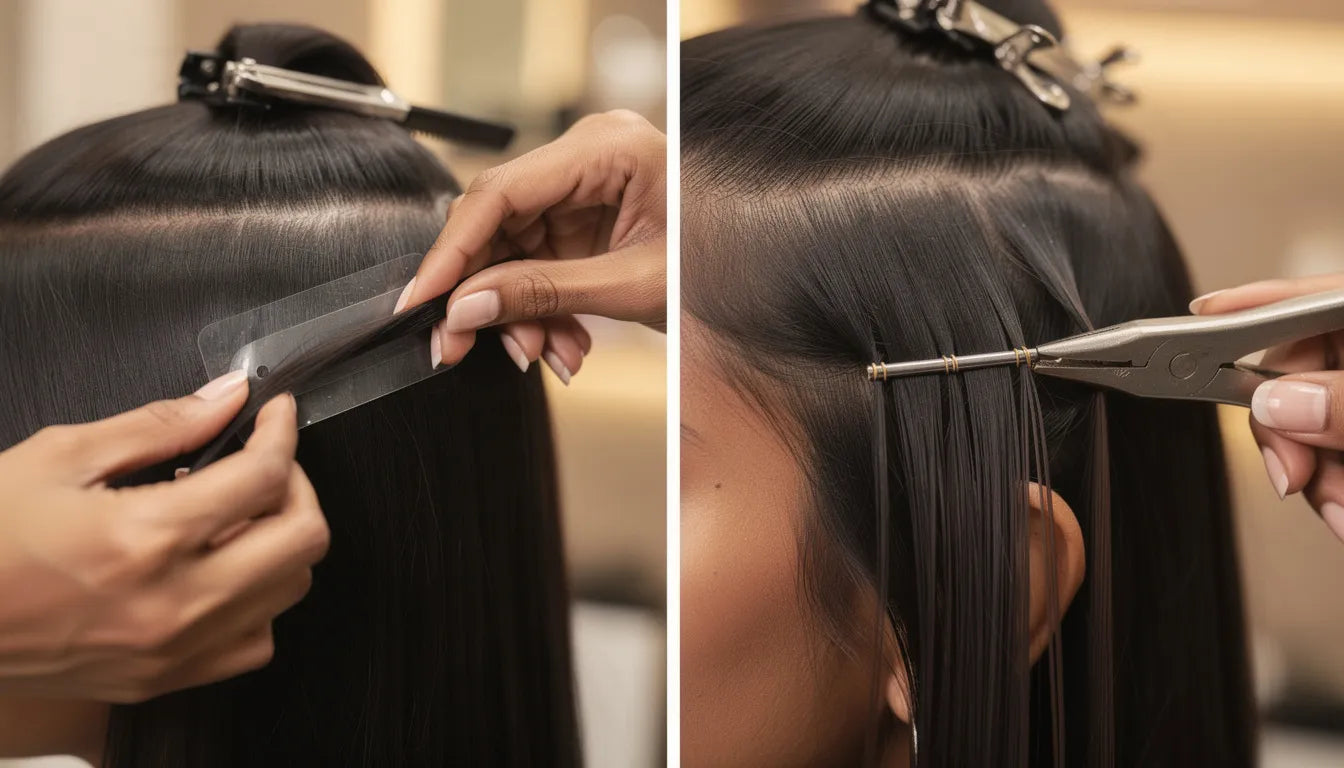 Tape-in vs I-tip hair extensions comparison — tape-in adhesive strips on left and micro ring I-tip bonds on right | Hair Extensions Luxe India