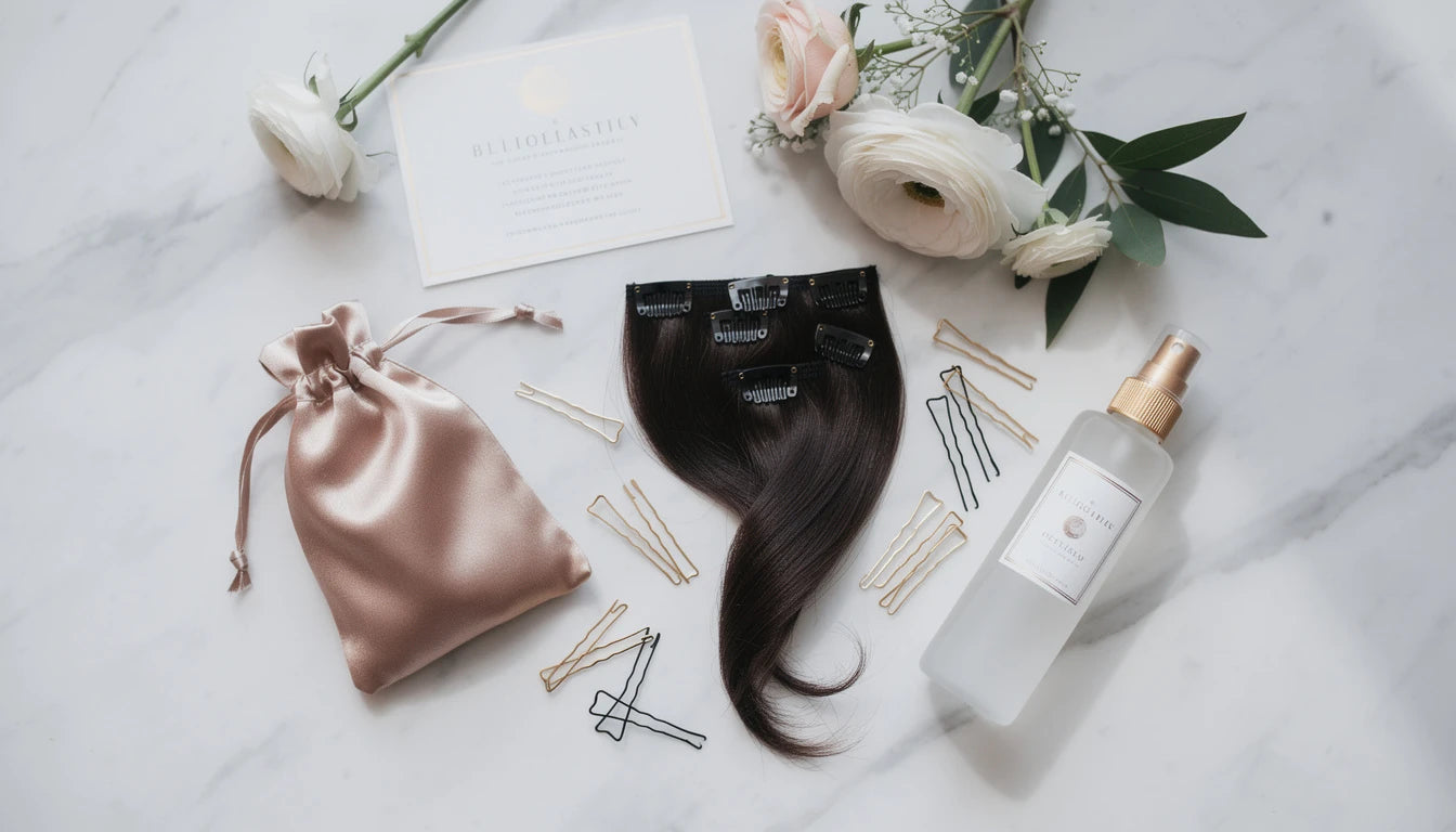 Wedding hair extensions checklist flat lay — extensions pins spray and bridal essentials | Hair Extensions Luxe