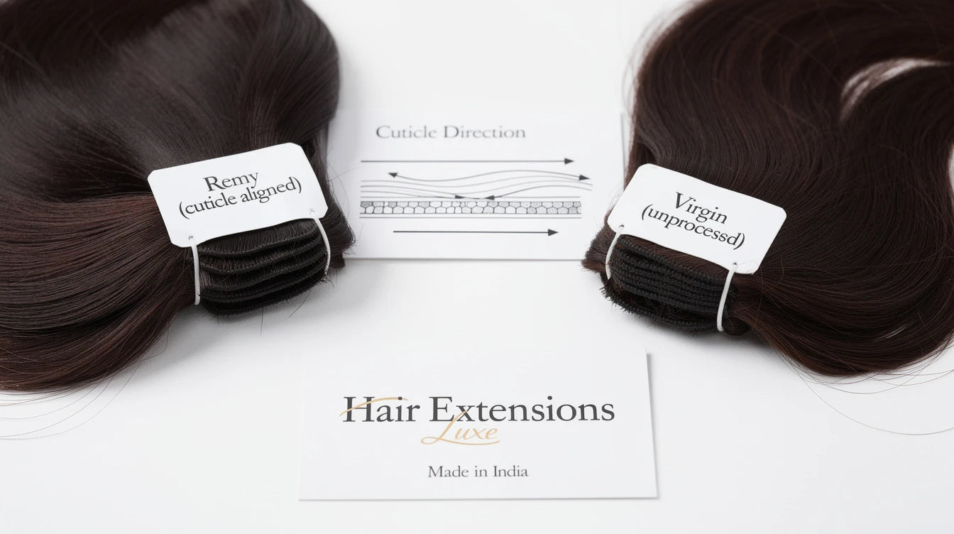 Remy vs virgin hair extension comparison with cuticle diagram, Made in India