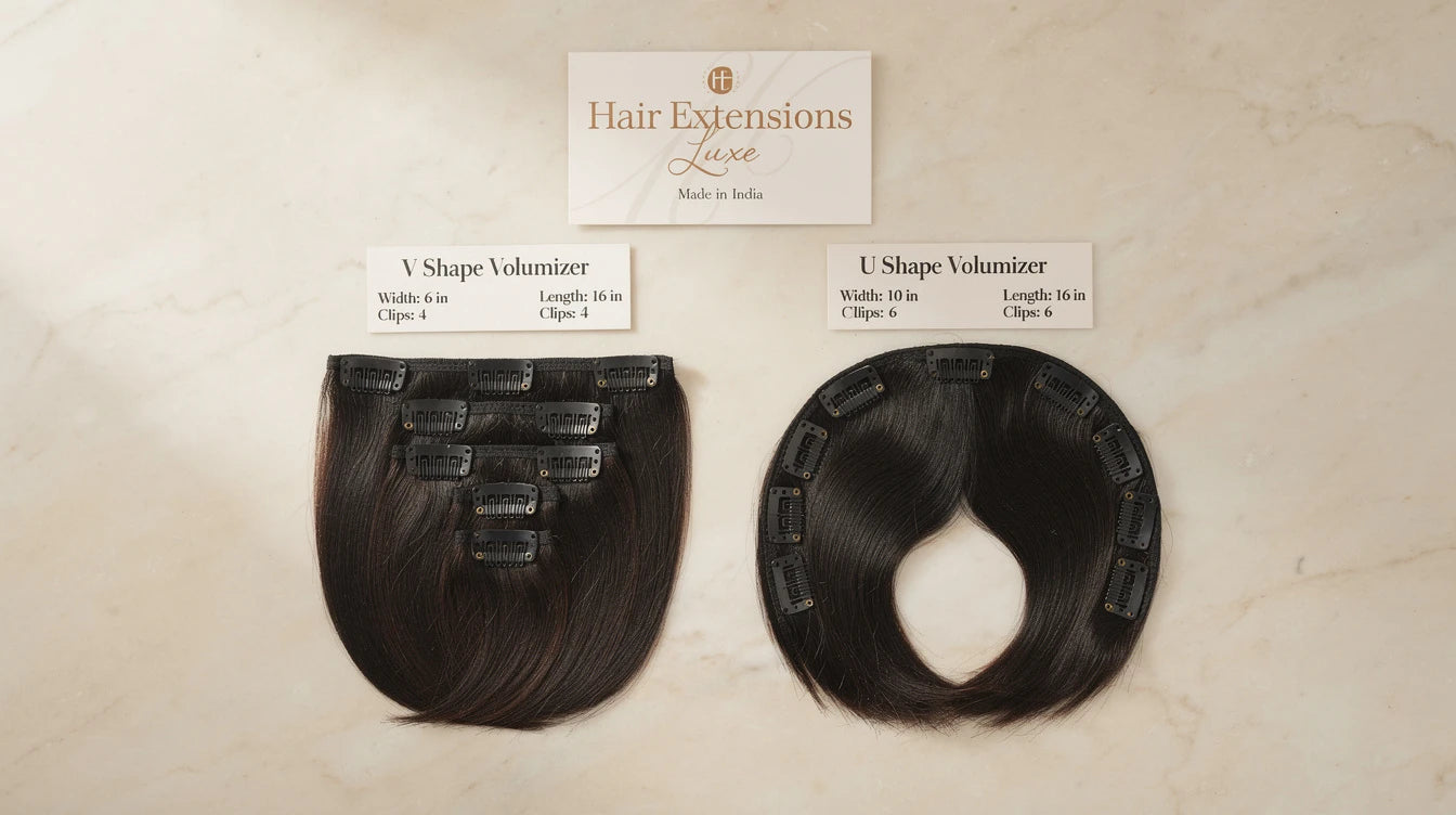 V-shape vs U-shape volumizer flat-lay with dimensions and clip count, Made in India