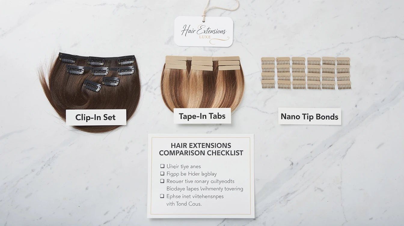 Clip-in vs tape-in vs nano tip comparison flat-lay, Hair Extensions Luxe branding