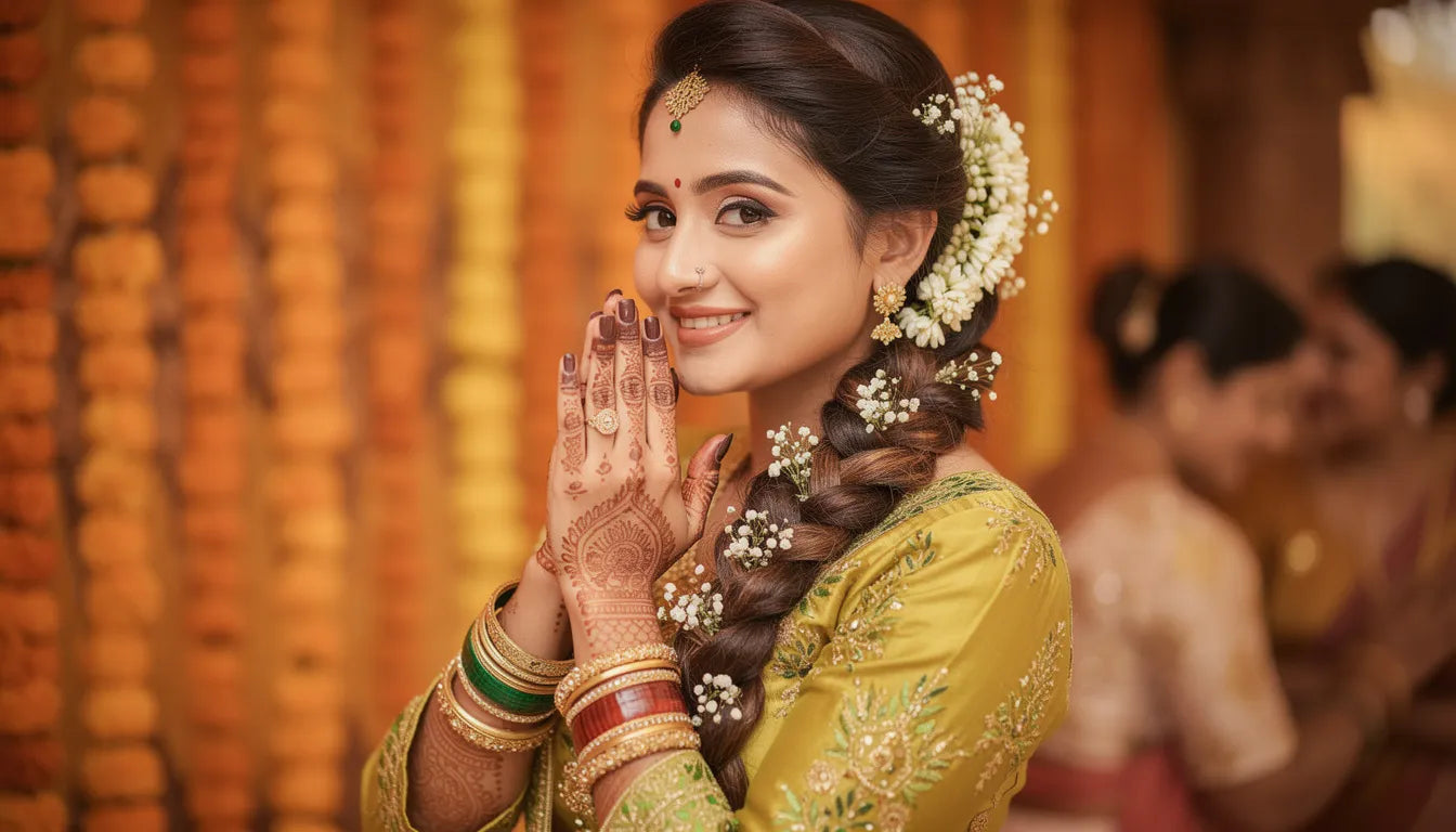 Indian bride at mehndi ceremony with floral braid hair extensions and jasmine flowers — pre-wedding hairstyle with extensions | Hair Extensions Luxe
