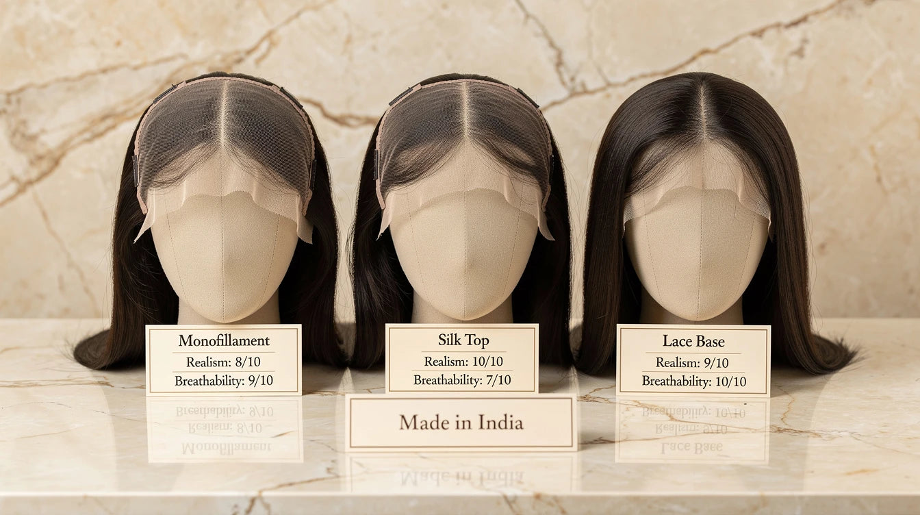 Monofilament vs silk top vs lace base topper comparison, Made in India