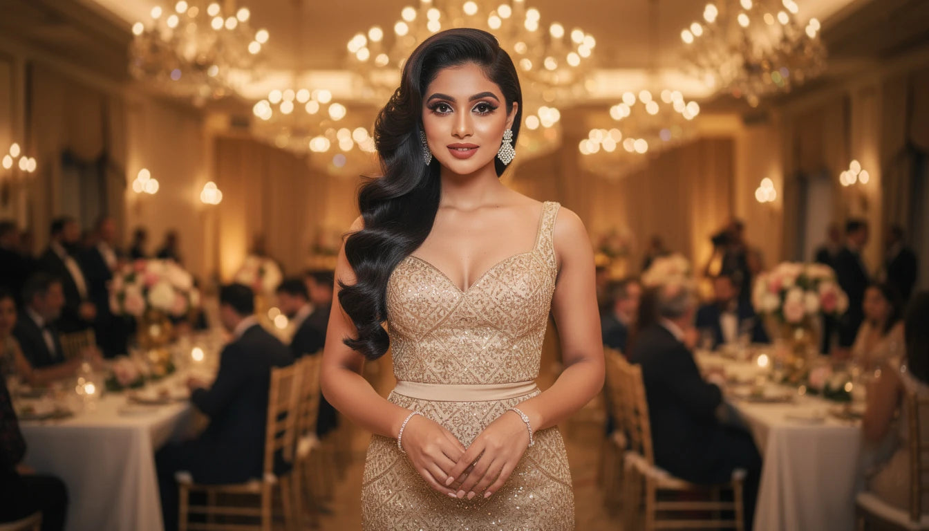 Indian bride at reception with glamorous Hollywood waves hairstyle with extensions | Hair Extensions Luxe