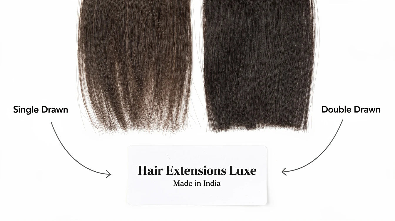 Single drawn vs double drawn hair bundle comparison, Made in India