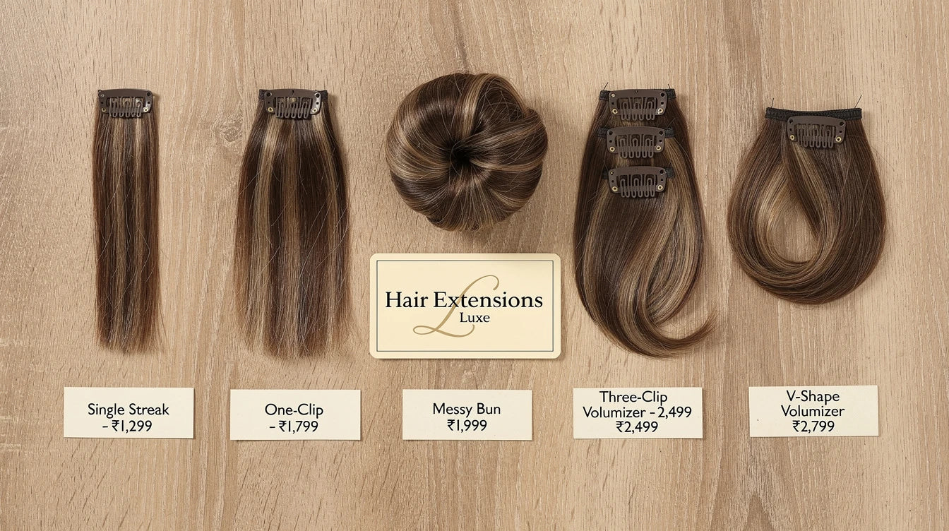 Hair Extensions Luxe products under ₹3,000 flat-lay with prices, 2026 India
