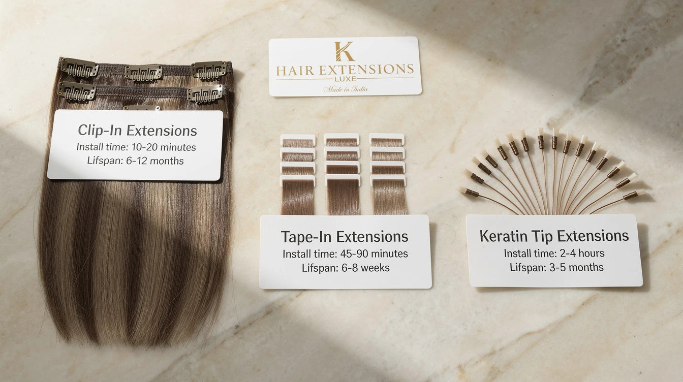 Clip-in vs tape-in vs bonded extension flat-lay comparison, Made in India