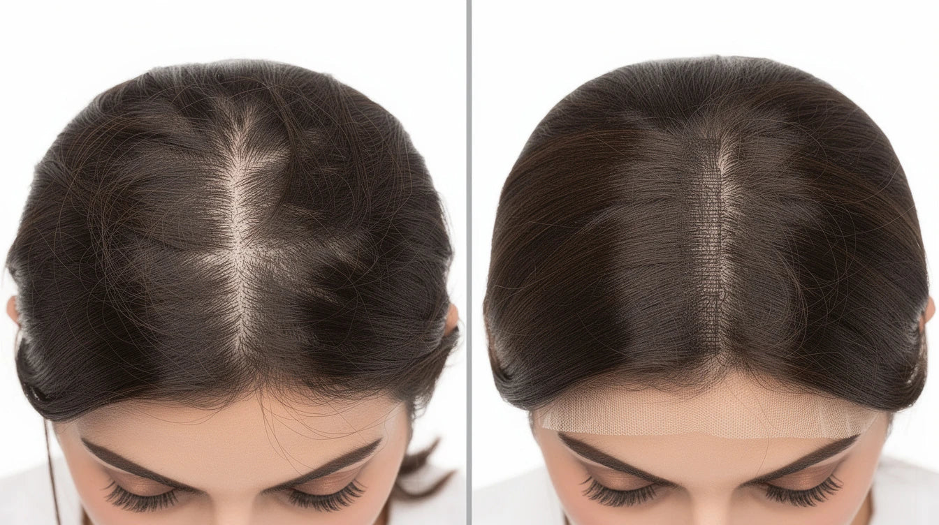 Hair extensions for widening part line in women — before and after coverage comparison with hair topper | Hair Extensions Luxe