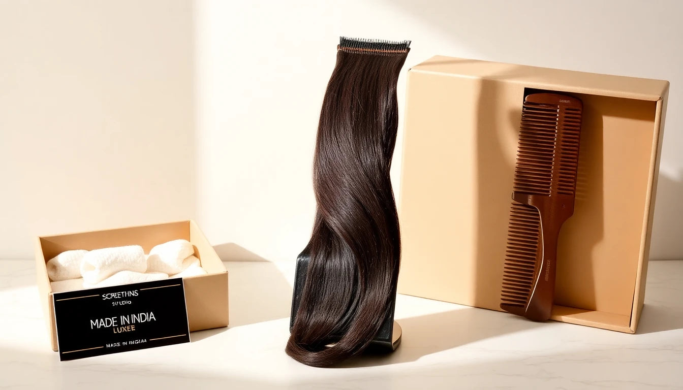 Hair topper stored on a stand with a storage box and comb