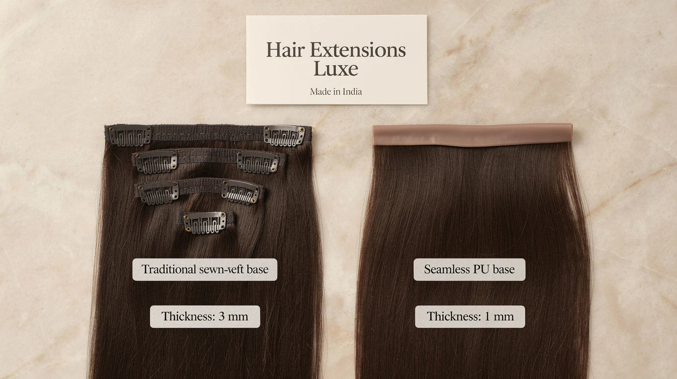 Seamless PU vs traditional weft clip-in base comparison, Made in India