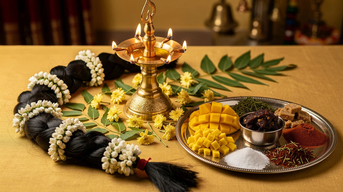 South Indian woman with hair extensions styled for Ugadi 2026 — traditional thick braid with jasmine and gold accessories | Hair Extensions Luxe