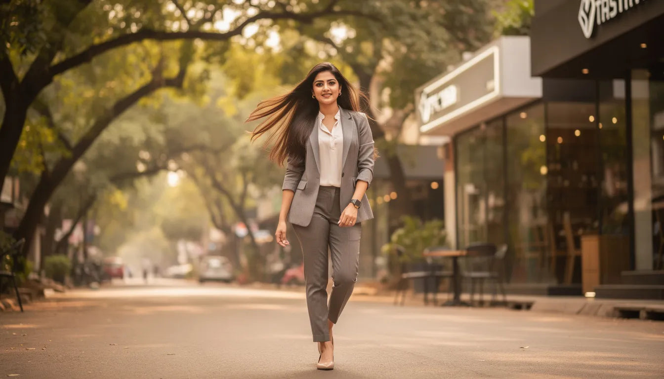 Hair extensions in Bangalore — a stylish woman with voluminous extensions on a tree-lined Indiranagar street | Hair Extensions Luxe
