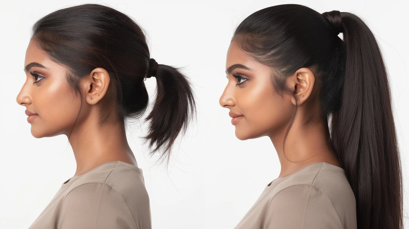 Hair extensions for thin ponytail fuller look — before and after ponytail volume transformation | Hair Extensions Luxe