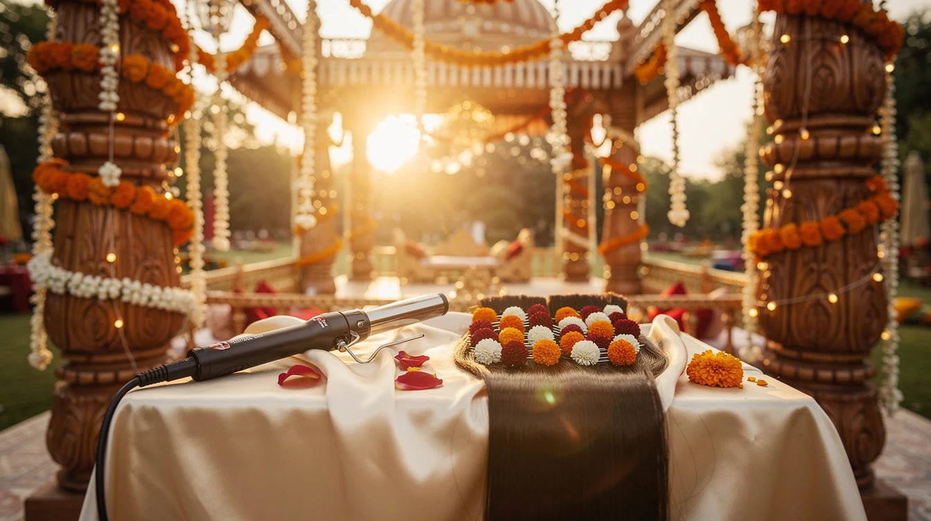 Indian summer bride with heat-proof extension hairstyle at outdoor wedding — staying gorgeous in the heat | Hair Extensions Luxe