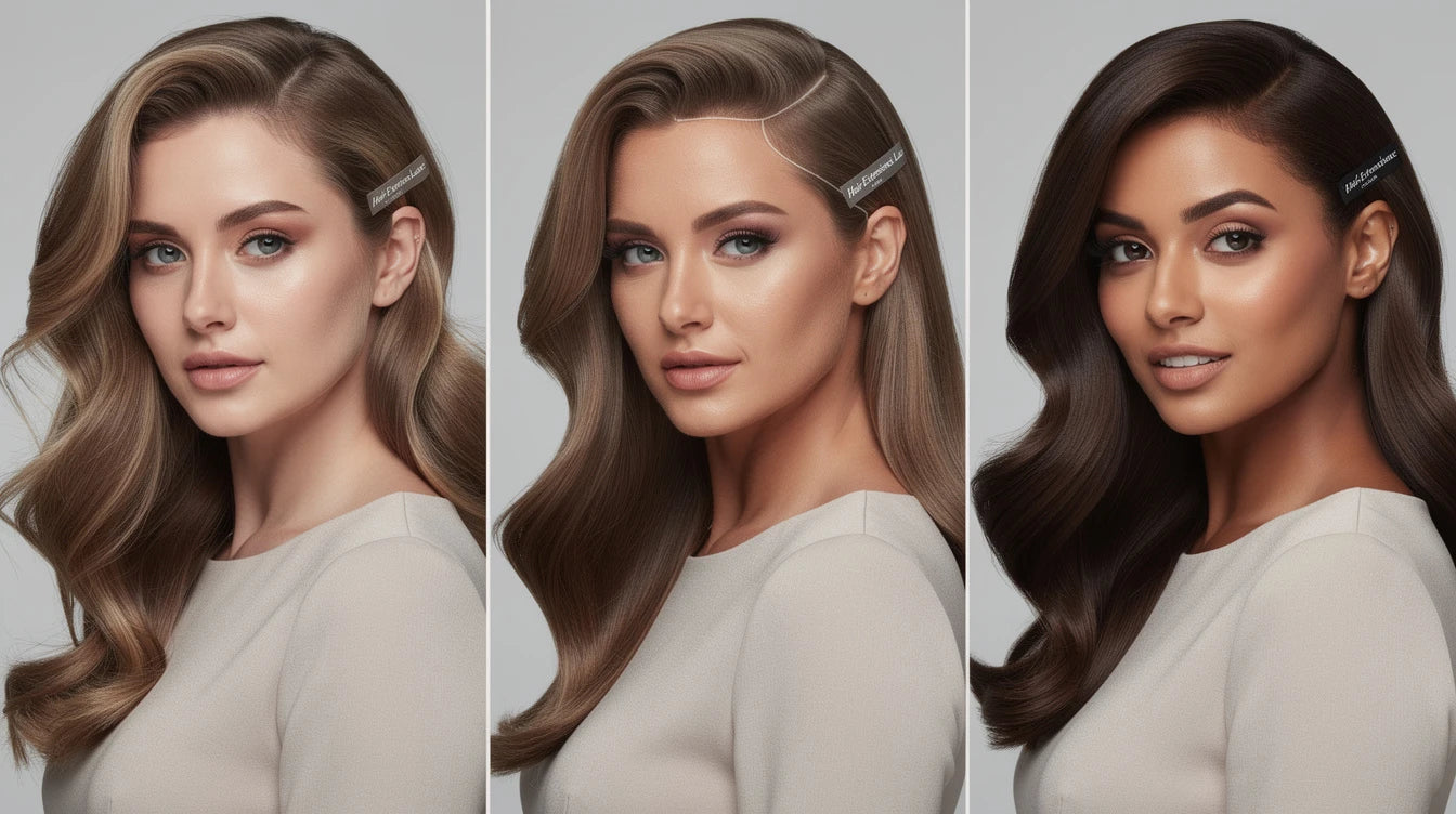 Wigs vs toppers vs extensions comparison on three women showing coverage hierarchy, Hair Extensions Luxe branding