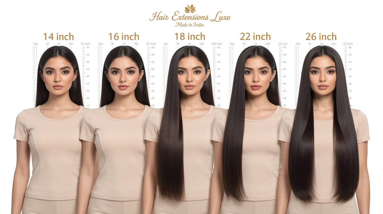 Five extension lengths 14-26 inch visual comparison on women, Hair Extensions Luxe