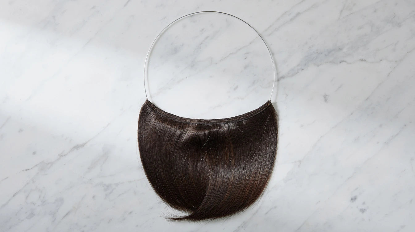 Invisible wire halo hair extension showing transparent wire and hair weft — complete guide for India | Hair Extensions Luxe