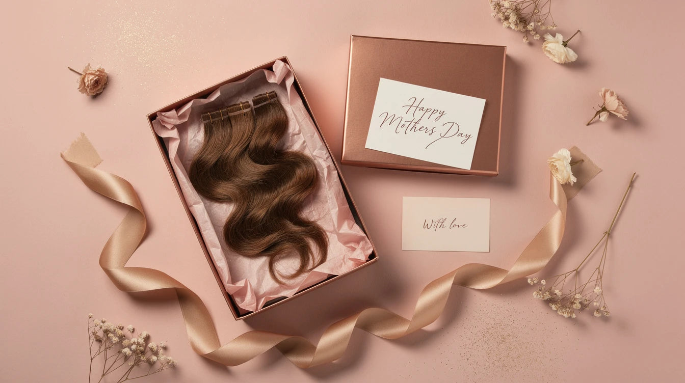 Indian daughter gifting hair extensions to mother on Mother's Day — thoughtful gift for volume and confidence | Hair Extensions Luxe