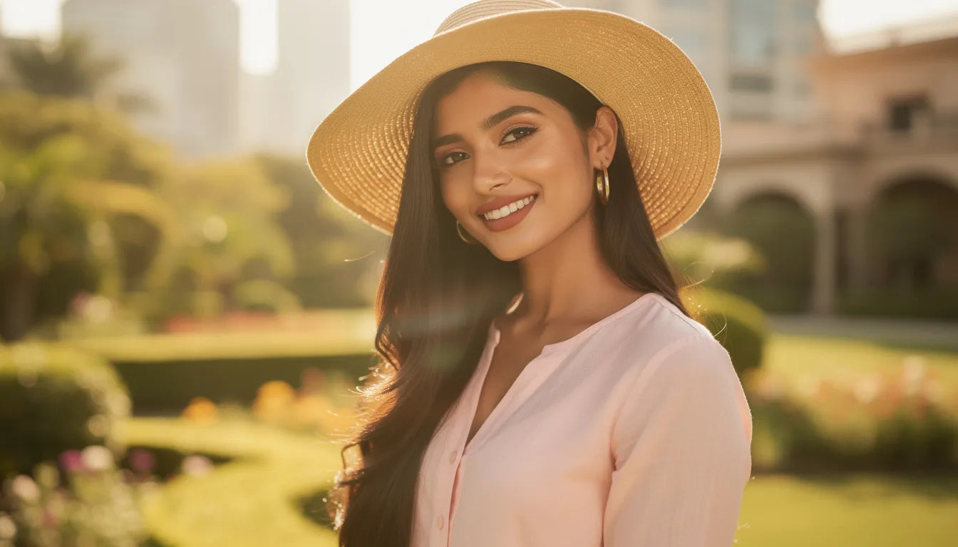 Summer hair extension care — a woman protecting her extensions from Indian summer heat with a sun hat | Hair Extensions Luxe