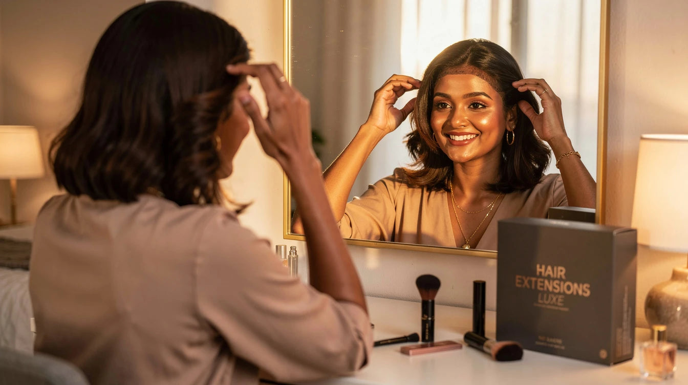 Indian woman wearing a natural-looking wig for alopecia — confident reflection in mirror | Hair Extensions Luxe