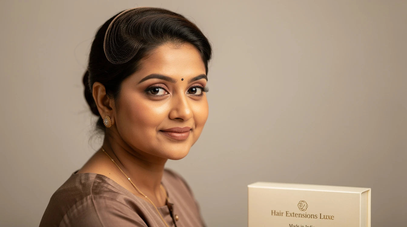 Woman with crown topper covering androgenetic part-line thinning, Made in India
