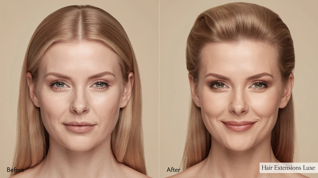 Before and after V-shape volumizer on fine thin hair showing gentle volume, Hair Extensions Luxe branding