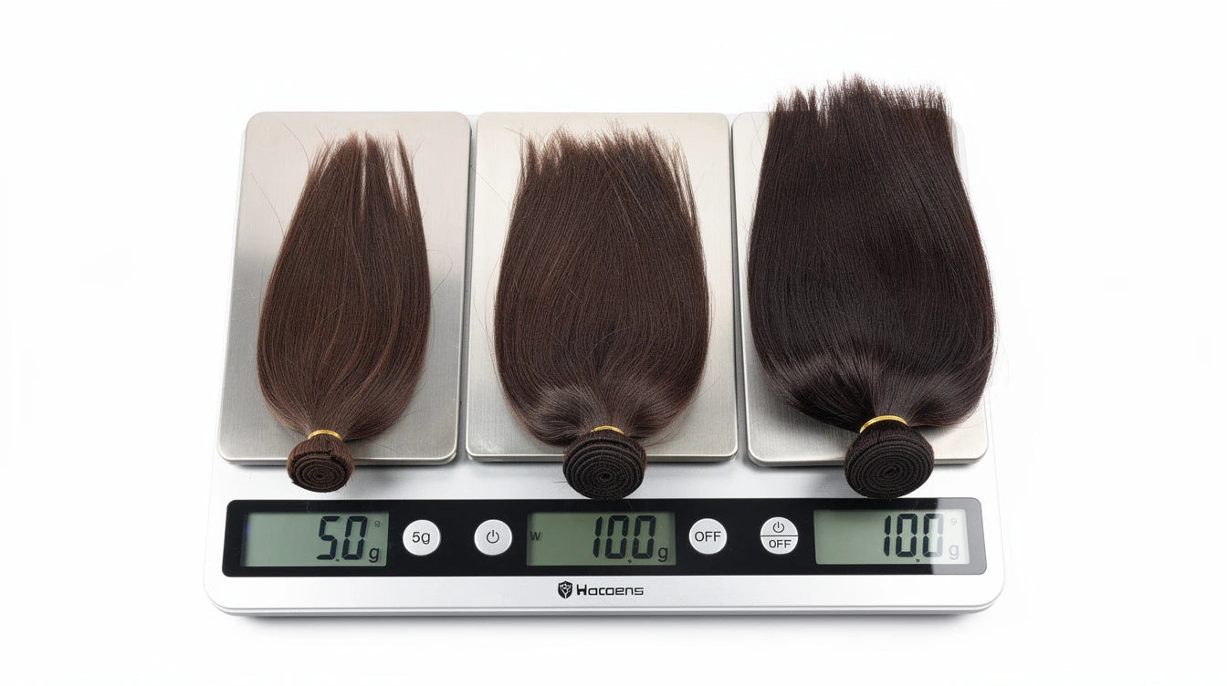 Hair extension weight comparison showing different gram amounts for varying volume levels | Hair Extensions Luxe